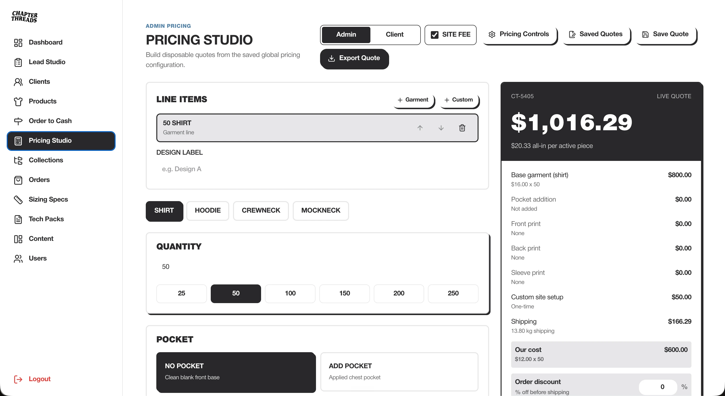 The admin panel, where home-page sections and products are managed
