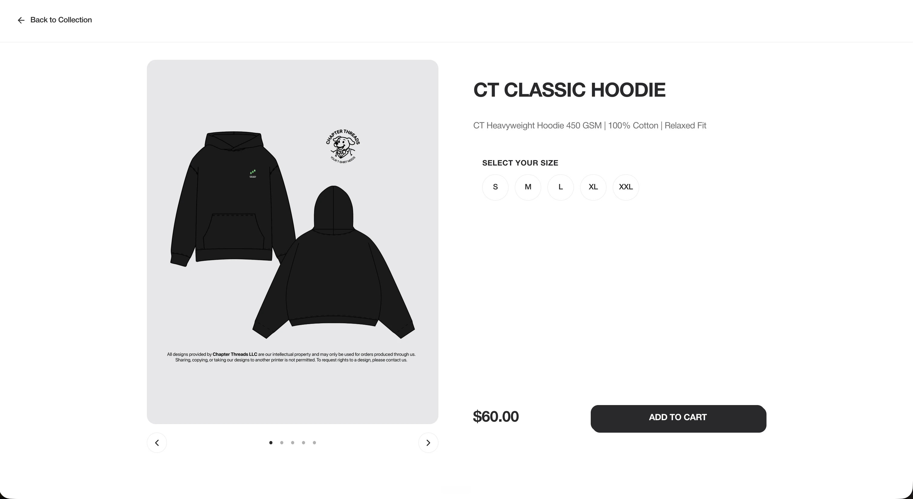 The product page for the CT Classic Hoodie, with size selection and add to cart